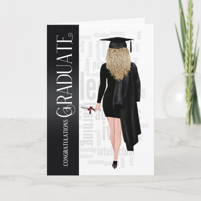 Blond Hair Black Cap och Gown Female Student Card Kort (Framsida)