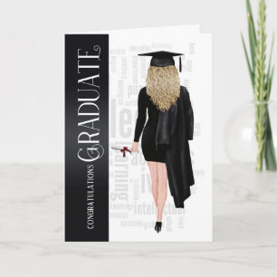 Blond Hair Black Cap och Gown Female Student Card Kort