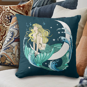 Blond Havfrue Halvmåne Fantasy Art Deco Kudde