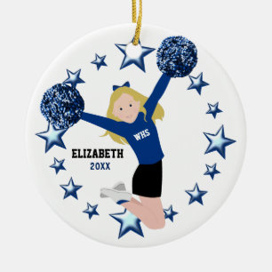 Blond hejaklacksledare Pom Poms i blått & svart Julgransprydnad Keramik