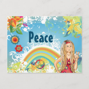 Blond Hippie Girl, Flowers and Rainbow Peace Vykort