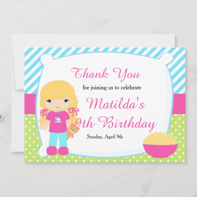 Blond Hved Girl Sleepover Slumber Party Birthday Tack Kort (Framsida)