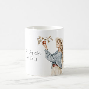 Blond Kvinna Blå Tröja Äpple Om Dagen Kaffemugg