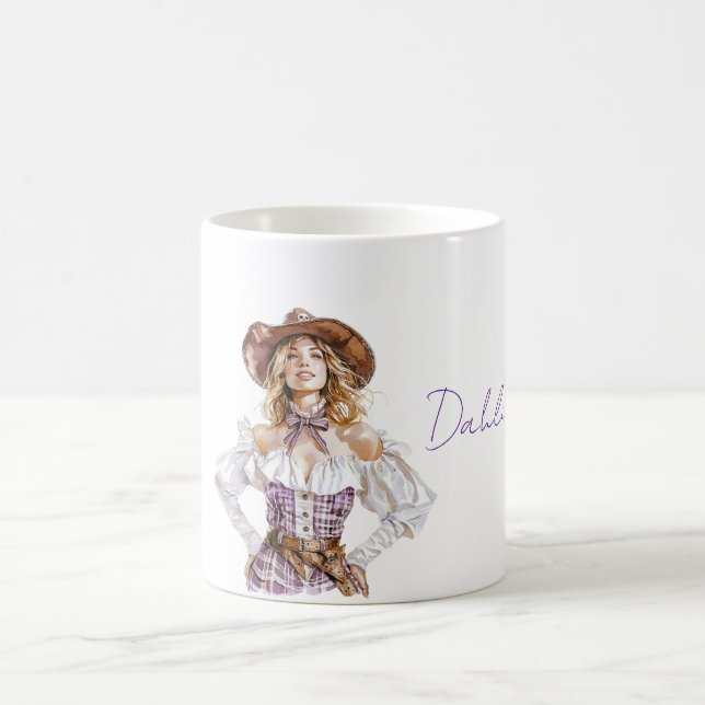 Blond kvinna hatt lila vit topp kaffemugg (Center)