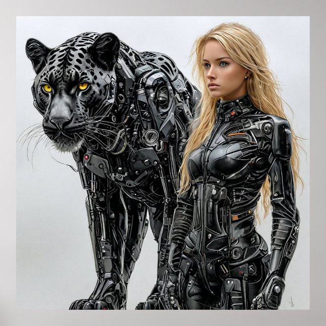 Blond kvinna i svart latex kostym poster (Framsidan)