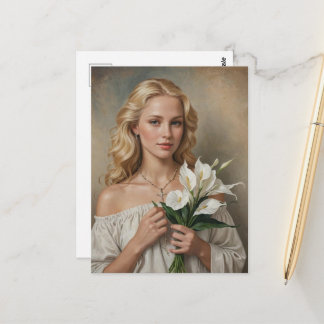 Blond kvinna med kors halsband och blommor vykort
