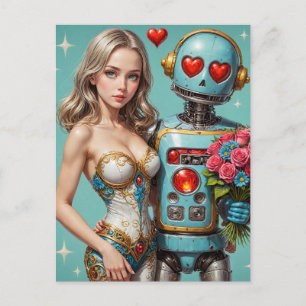 Blond kvinna och en robot hittade kärlek vykort