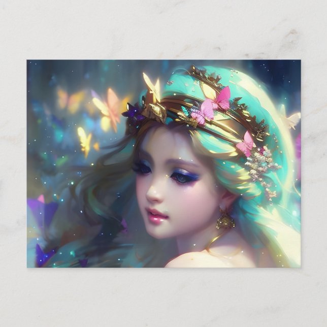 Blond kvinna och fjärilar vykort (Framsida)