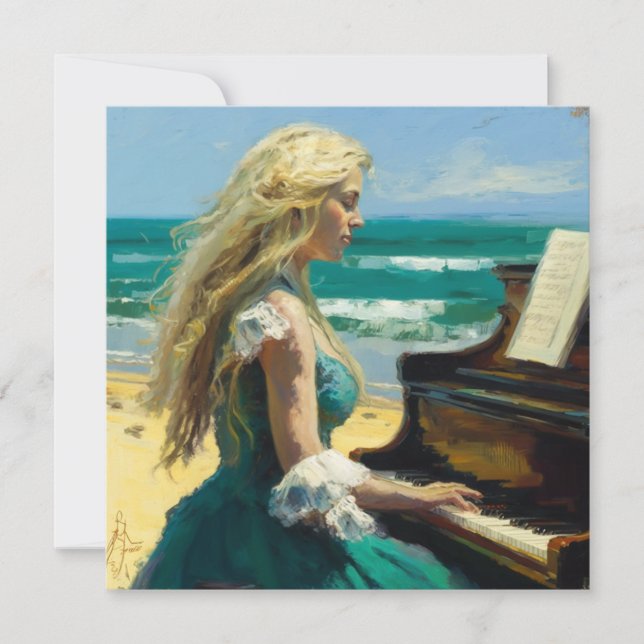 Blond kvinna som spelar piano på stranden tack kort (Framsida)