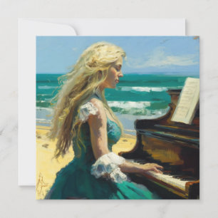 Blond kvinna som spelar piano på stranden tack kort
