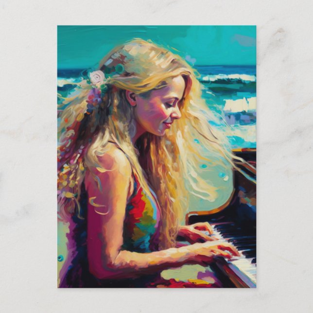 Blond kvinna som spelar piano på stranden vykort (Framsida)