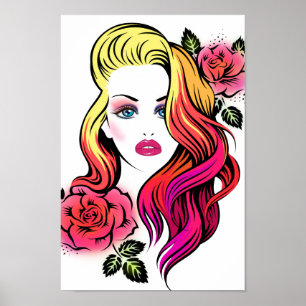 Blond kvinnablått synar med ro och regnbågehår poster