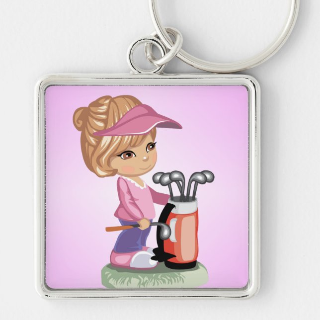 Blond liten flicka som leker golf fyrkantig silverfärgad nyckelring (Framsidan)