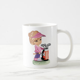 Blond liten flicka som leker golf kaffemugg