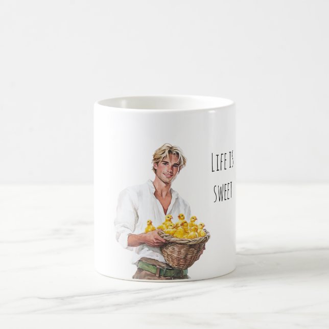 Blond man baby kycklingar i korg kaffemugg (Center)