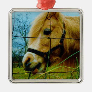 Blond Miniature Pony / Horse Blå himmel Julgransprydnad Metall