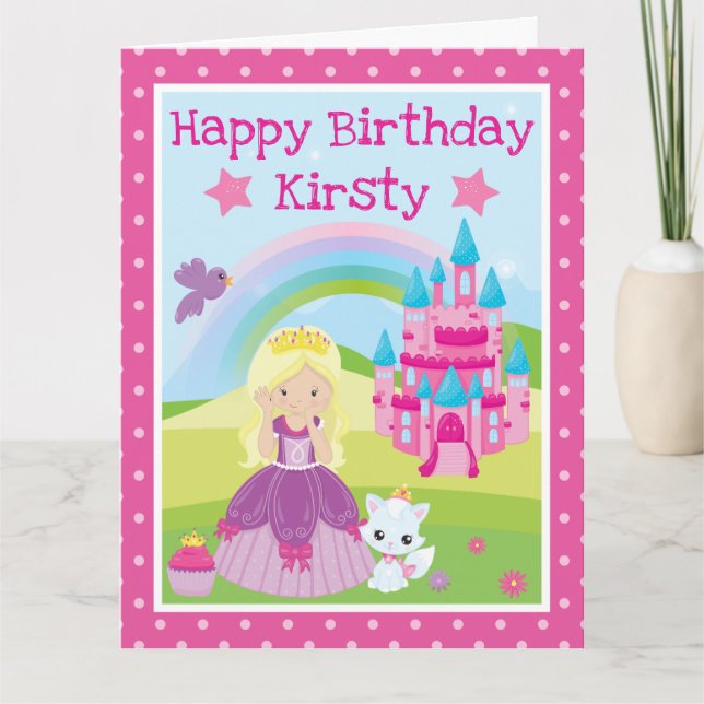 Blond prinsessa med slott och regnbåge födelsedag kort (Framsida)