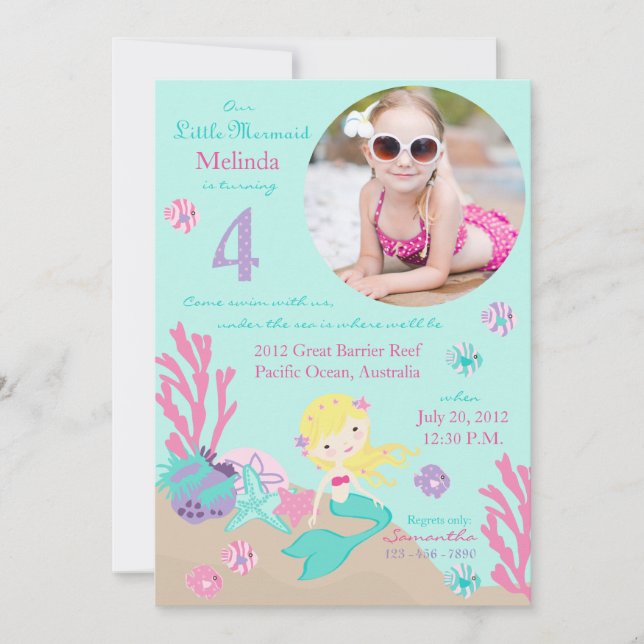 Blond Sjöjungfru fjärde födelsedagsinbjudan Inbjudningar (Framsida)