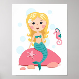 Blond sjöjungfru tecknad flicka med stjärnfisksjöa poster