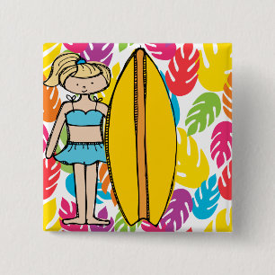 Blond Surfer Girl Girl Button Knapp