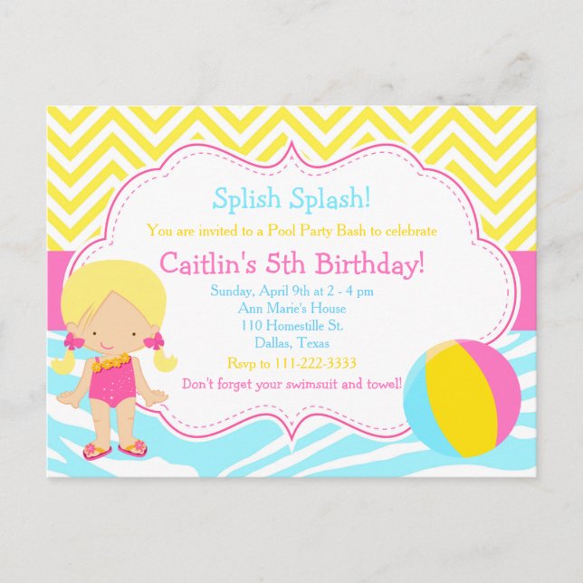 Blond tjej poolparty kalas vykort (Framsida)