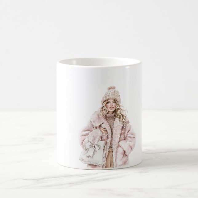 Blond Tjej Röda Kindtoner Rosa Hatt Jacka Kaffemugg (Center)