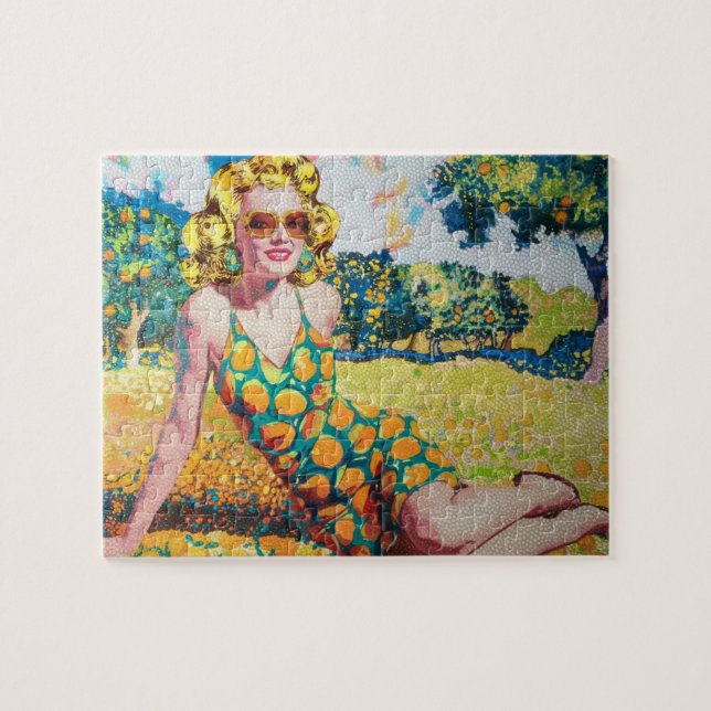 Blond Woman i en Orange Grove Pussel (Horisontell)