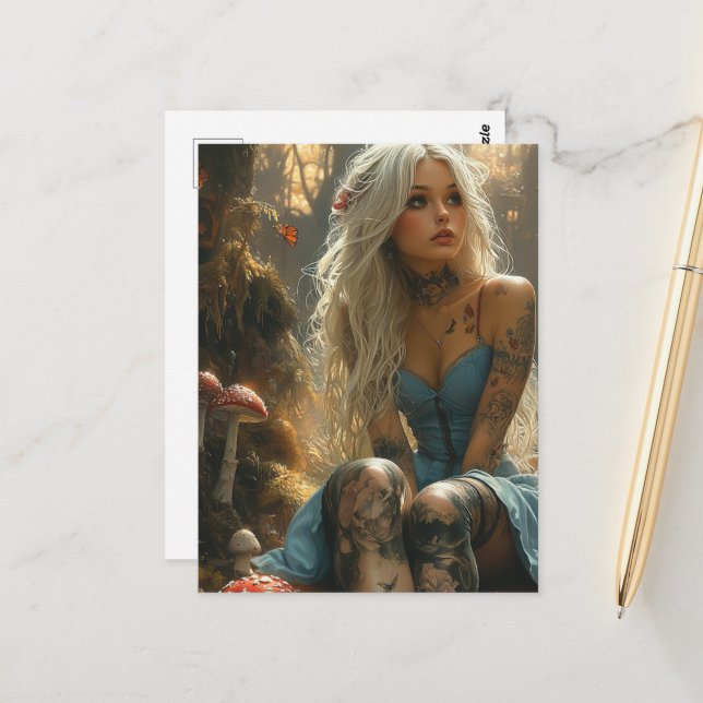 Blond Woman i Mushroom Forest Vykort (Fram/Back In Situ)