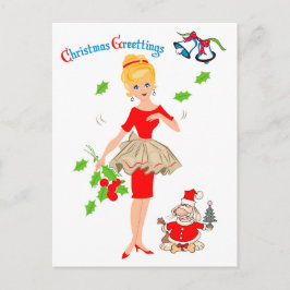 Blond Woman in Red Dress and Santa Hund, helgdag Vykort
