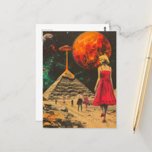 Blond Woman in Red Dress with UFOs at Pyramid Vykort