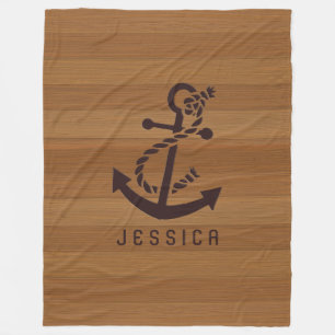 Blond Wood Planks Brown Nautical Anchor Fleecefilt