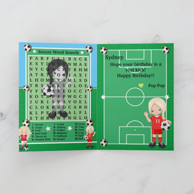 Blonda Flickors Fotboll Ord Sök Glad Födelsedag Kort (Inuti)