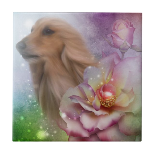 Blonde Afghan Hound Flowers Hund Kakelplatta (Framsidan)