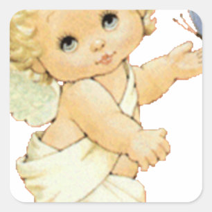 Blonde Angel baby med en fjäril. Fyrkantigt Klistermärke