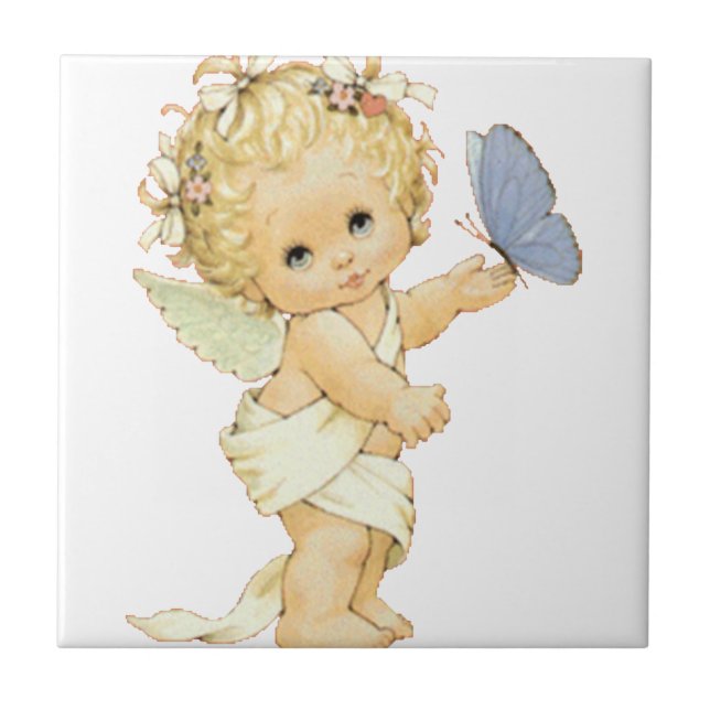 Blonde Angel baby med en fjäril. Kakelplatta (Framsidan)