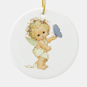 Blonde Angel baby med fjäril. Metall Ornament