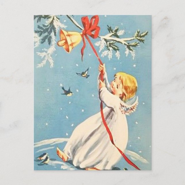Blonde Angel Ringing a Guld Bell Red Bow Bow Vykort (Framsida)