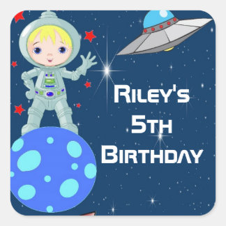 Blonde Astronaut Boy Party-favoritetiketter Fyrkantigt Klistermärke