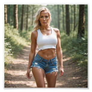 Blonde Babe i Denim Kort Wandering i Forest Fototryck