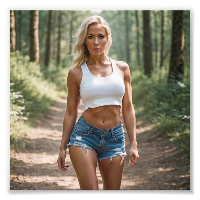 Blonde Babe i Denim Kort Wandering i Forest Fototryck (Framsidan)