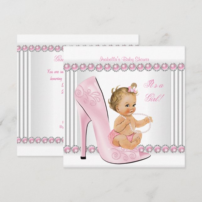 Blonde Baby Shower Girl Rosa Pearl High Heel Shood Inbjudningar (Fram/baksida)