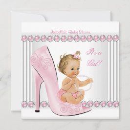 Blonde Baby Shower Girl Rosa Pearl High Heel Shood Inbjudningar