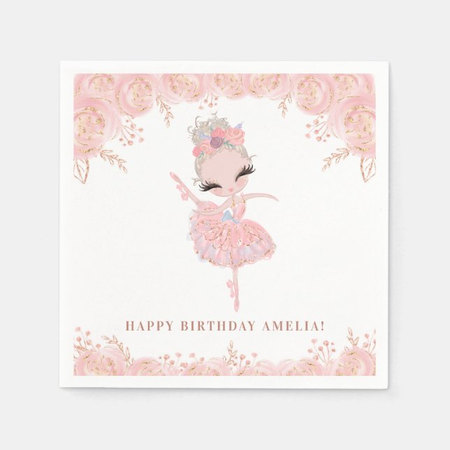 Blonde Ballerina i Rosa Dress Blommigt Birthday Pappersservett (Framsidan)