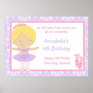 Blonde Ballerina & Lila Damask Birthday Poster