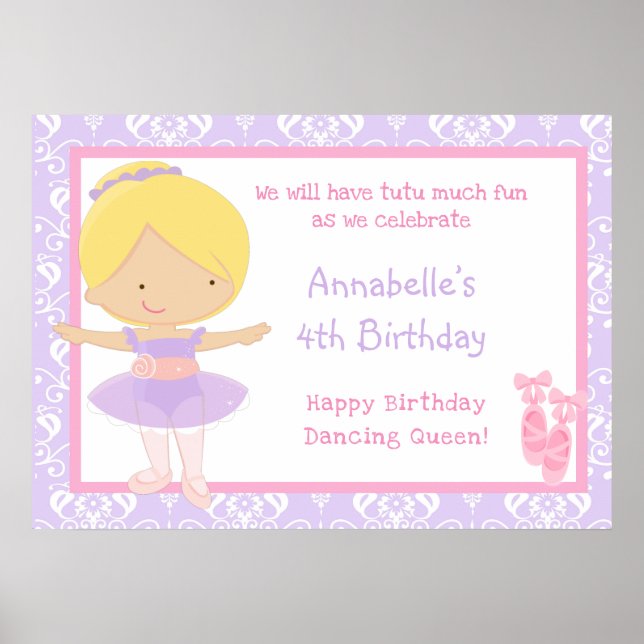 Blonde Ballerina & Lila Damask Birthday Poster (Framsidan)
