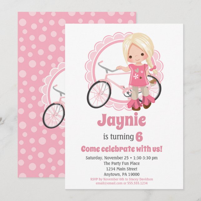 Blonde Bicycle Girl Birthday-inbjudan Inbjudningar (Fram/baksida)