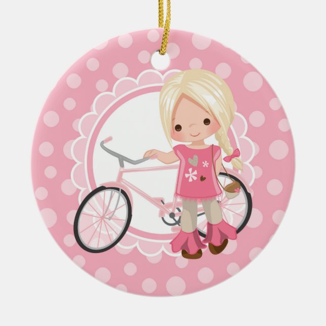 Blonde Bicycle Girl - Rosa White Julgransprydnad Keramik (Framsidan)