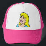 Blonde Bombshell Tecknad Strip Truckerkeps<br><div class="desc">Truckerkepsen Blonde Bombshell Tecknad Strip har en tecknad stil teckning av en vacker, blond flicka. Hon har en knappnos, fullt läppar och de ljusaste lederna. Hennes ögon är stängt, förmodligen på grund av vikten på hennes lush, svarta lash. Hon har en tjock kantlinje av bangs och flytande gult hår som...</div>