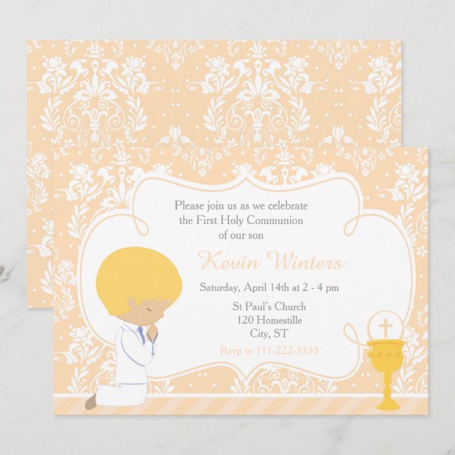 Blonde Boy First Communion Damask Inbjudningar (Fram/baksida)