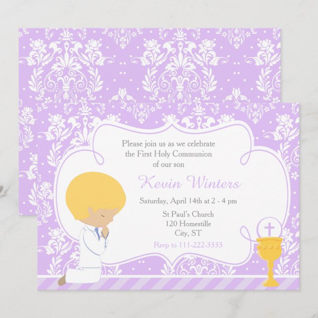 Blonde Boy First Communion Damask Inbjudningar (Fram/baksida)